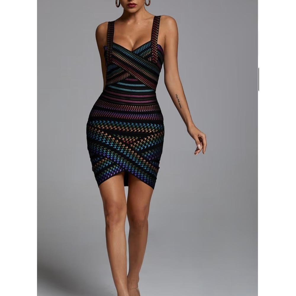 Bella Barnett Rainbow Bandage Dress Small Black Multi Bodycon Mini